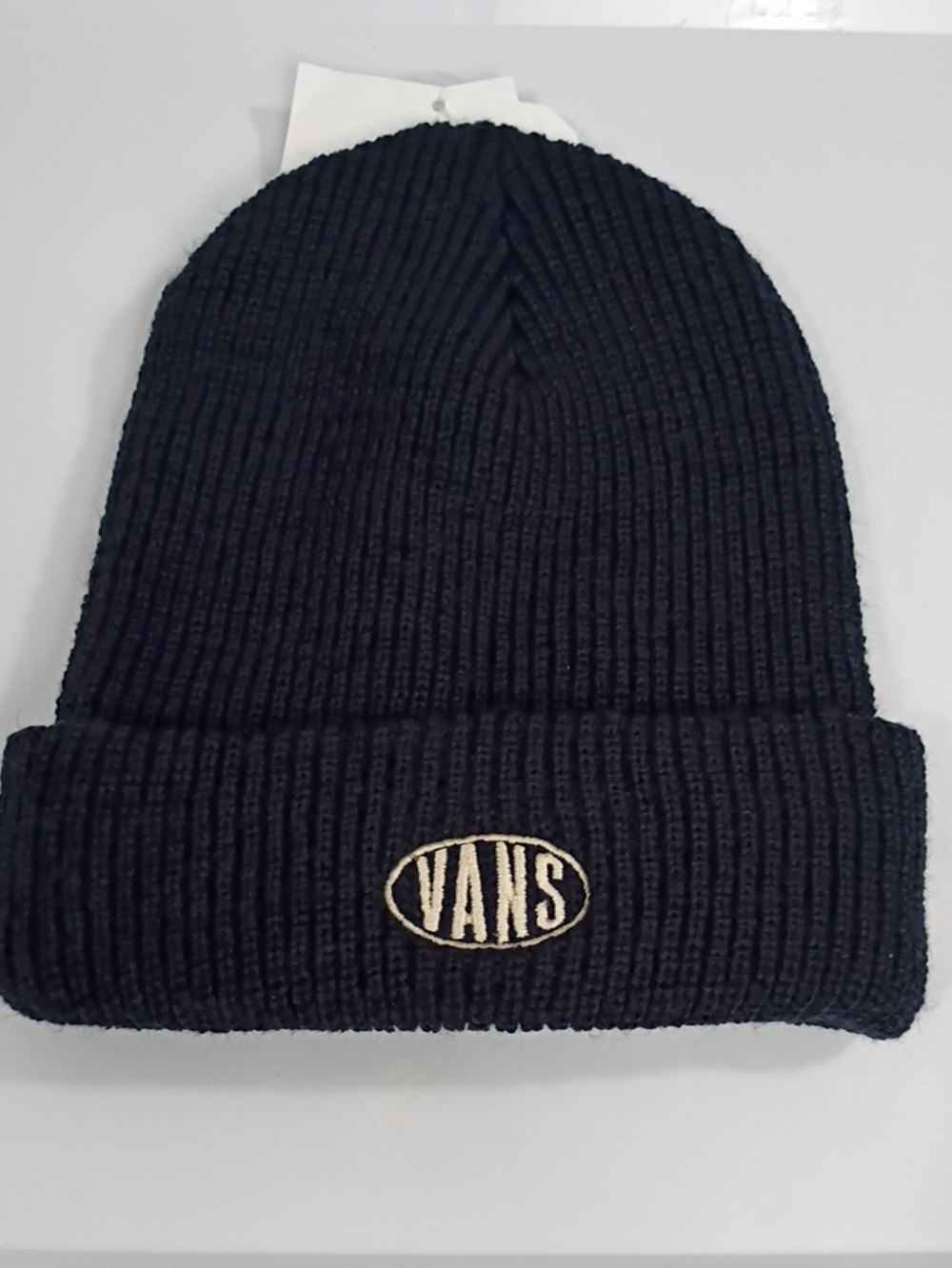 VANS Black Ribbed Cuff Beanie with Cream Logo Patch - Size OS NWT